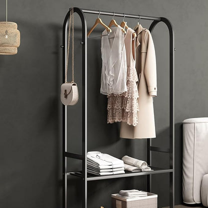 Heavy duty clothes rack,black Clothing rack,metal Garment rack with bottom shelves and 6 Side Hooks for Hanging Clothes, Coats, Shirts(L:31.5IN)
