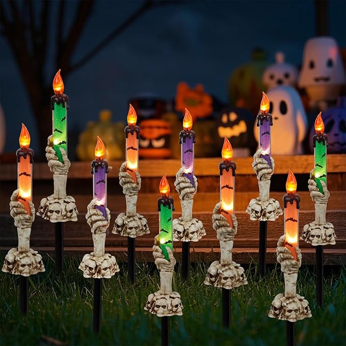 WATERGLIDE Halloween Decoration Candle Light Stakes, 10 Pack Skeleton Hands Hold Lighted Candle Pathway Makers, Waterproof Battery Operated with Timer, Light Up Figurine for Outdoor Holiday Party