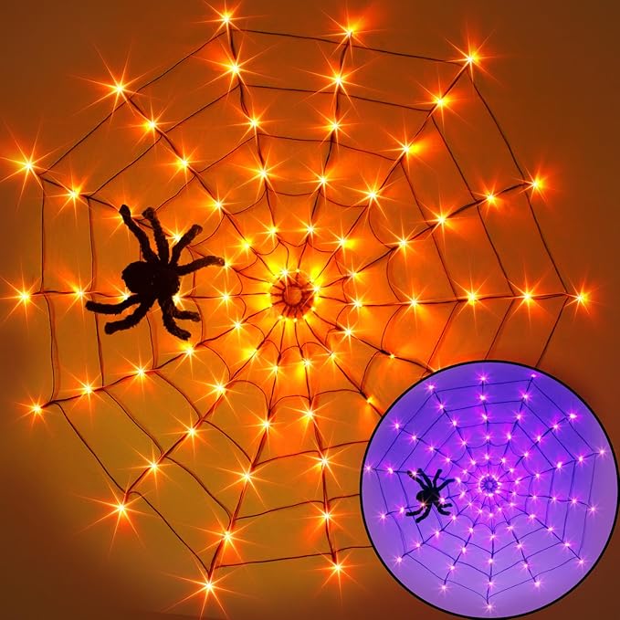 Vanthylit Halloween Decorations, Spider Web Lights for Home, 4FT 84LED Light Up Spiderweb with Black Spider, Halloween Lights for Haunted Window Room Indoor Outdoor Decorations (Orange & Purple)