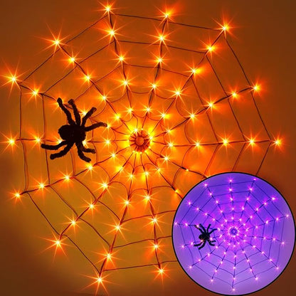 Vanthylit Halloween Decorations, Spider Web Lights for Home, 4FT 84LED Light Up Spiderweb with Black Spider, Halloween Lights for Haunted Window Room Indoor Outdoor Decorations (Orange & Purple)