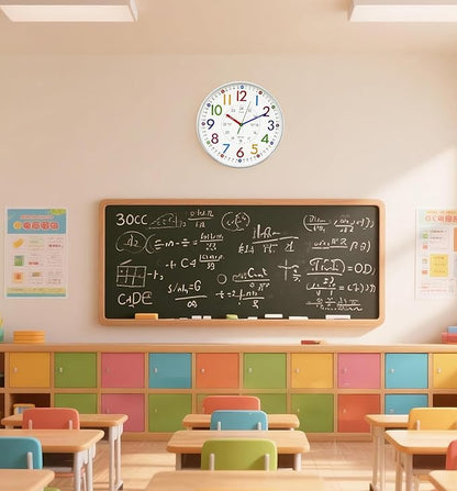 Learning Wall Clock for Kids Bedrooms, 12in Classroom Analog Clock for Kids Learning to Tell Time