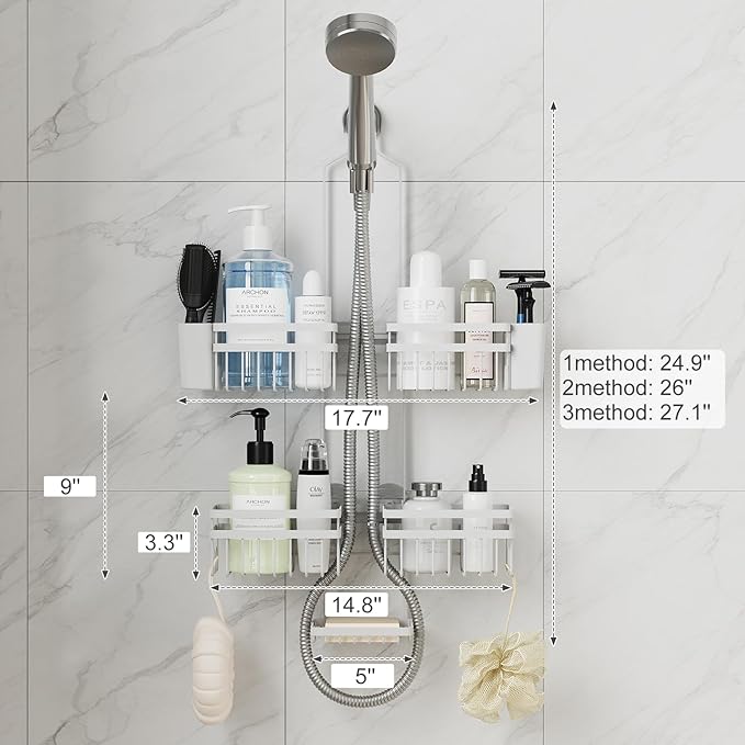 Shower Caddy Hanging for Bathroom Organizers and Storage - 3-Tier Adjustable Anti-Swing Shower Organizer for Handheld Showerhead with Heavy-Duty Suction Cups, Damage-Free Rustproof (White)