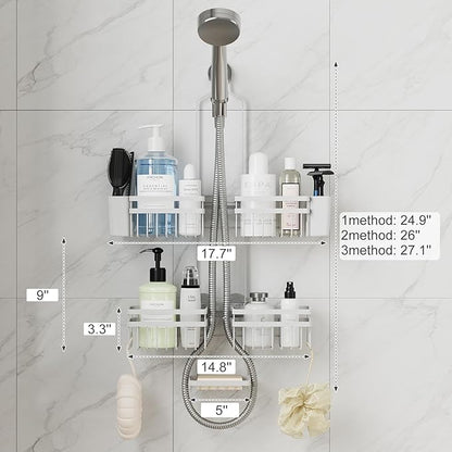 Shower Caddy Hanging for Bathroom Organizers and Storage - 3-Tier Adjustable Anti-Swing Shower Organizer for Handheld Showerhead with Heavy-Duty Suction Cups, Damage-Free Rustproof (White)