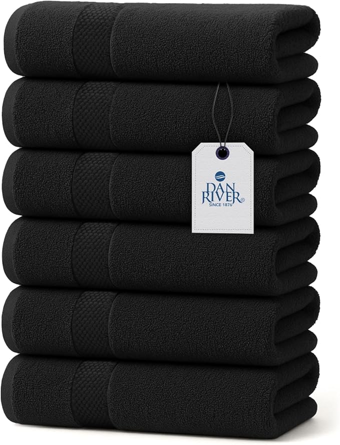 DAN RIVER 6-Pack Premium Hand Towels (16x28 Inches) - 100% Cotton, Ultra Soft, Lightweight, Highly Absorbent Towels for Bathroom, Spa, Gym, Salon, Hotel, and Travel - 550 GSM – Black