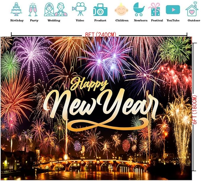 CYLYH 8X6FT Happy New Year Backdrop New Year's Eve Night City Fireworks Show Backdrop 2026 New Year Party Banner Party Decorations