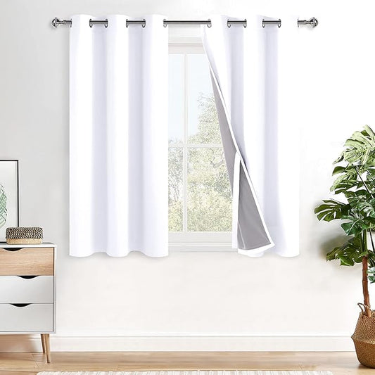 XWZO White 100% Blackout Curtains - Heat and Full Light Blocking Drapes with Black Liner for Bedroom/Laundry Room, Grommet Top Window Panels with Tiebacks, White, W38 x L45, Set of 2