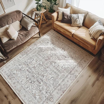 jinchan 5x7 Machine Washable Area Rugs - Vintage Floral Stain Resistant Low Pile Ultra-Thin Non Slip Accent Rug for Bedroom Living Room Kitchen Dining Room Entryway (5x7ft,Taupe)