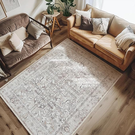 jinchan 5x7 Machine Washable Area Rugs - Vintage Floral Stain Resistant Low Pile Ultra-Thin Non Slip Accent Rug for Bedroom Living Room Kitchen Dining Room Entryway (5x7ft,Taupe)