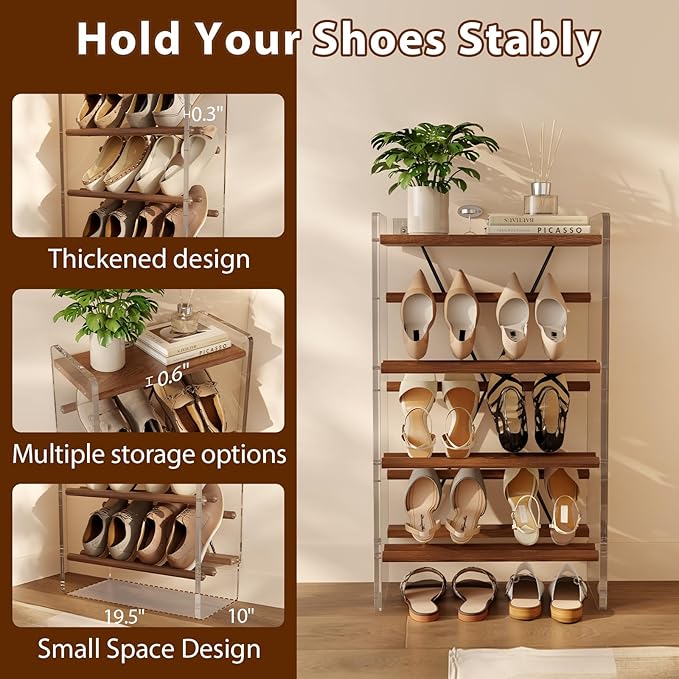Free Standing Shoe Rack & Closet Shoe Shelf, for Entryway Small Space, Front Door, Garage, 4-Tier Slanted, Solid Wood & Acrylic Frame with Top Shelf Storage