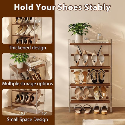 Free Standing Shoe Rack & Closet Shoe Shelf, for Entryway Small Space, Front Door, Garage, 4-Tier Slanted, Solid Wood & Acrylic Frame with Top Shelf Storage