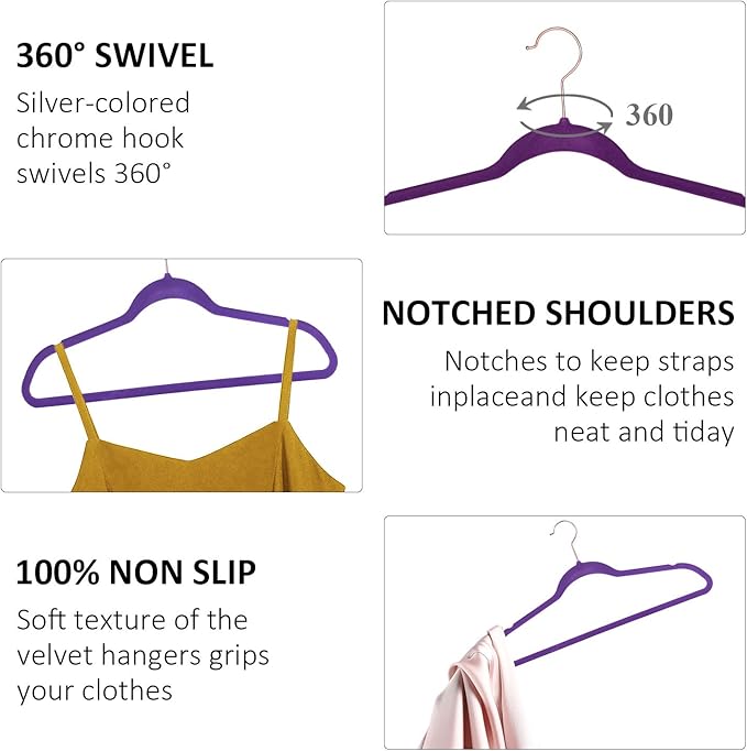 VECELO Premium Velvet Clothes Hangers Suit Heavy Duty (60 Pack)-Non Slip & Space-Saving with 8 Finger Clips & Tie Rack Excellent for Men and Women,Dark Purple