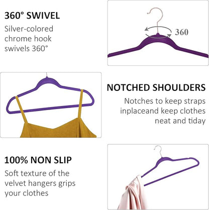 VECELO Premium Velvet Clothes Hangers Suit Heavy Duty (60 Pack)-Non Slip & Space-Saving with 8 Finger Clips & Tie Rack Excellent for Men and Women,Dark Purple