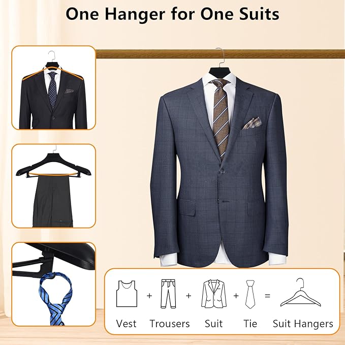 DEDU Suit Hangers for Men 10 Pack Width 17.7", Black Coat Hangers no Shoulder Bump Non Slip for Thick Sweaters, Plastic Extra Wide Shoulder with Pants Bar & Metal Hook