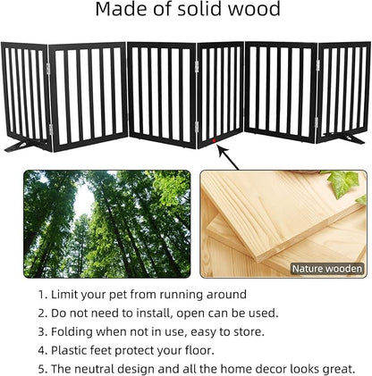 Dog Gate Indoor, Freestanding Dog Fence for The House, Doorways, Hallways,or Stairs,Pet Gate Foldable Wooden,Expandable 32" Height 6 Panels,Black