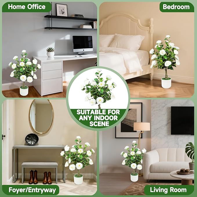 32'' Artificial Camellia Tree Outdoor Set of 2 Realistic Camellia Plant Indoor with Planters and Spikes for Wedding Front Porch Patio Office Living Room Home Decor