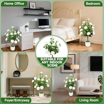 32'' Artificial Camellia Tree Outdoor Set of 2 Realistic Camellia Plant Indoor with Planters and Spikes for Wedding Front Porch Patio Office Living Room Home Decor