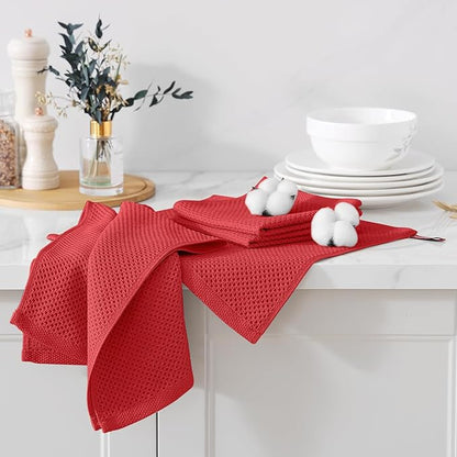 Kitinjoy 100% Cotton Kitchen Towels and Dishcloths Set, 8 Pack Waffle Weave Dish Towels Ultra Soft Absorbent Quick Drying Dish Rags, 13 x 28 Inch and 12 X 12 Inch, Red