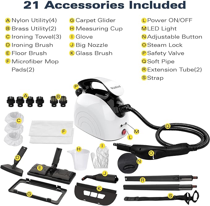Steam Cleaner with 21 Specialized Attachments, 1.08-Liter Water Tank, 248°F High-Temperature Steam, Suitable for Floors, Tiles, Carpet, and Kitchen Surfaces, Enables Chemical-Free Cleaning (White)