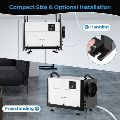 COSTWAY 124 PPD Commercial Dehumidifier, 1300 Sq.Ft Crawl Space Dehumidifier with 9.8 FT Drain Hose & Wired Remote Control Panel, Ideal for Basement, Warehouse, Job Site (White)