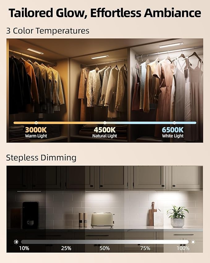 EZVALO Under Cabinet Lights, 2500mAh Rechargeable LED Motion Sensor Lights Indoor, 3 Color Temps & Dimmable Closet Lights with Battery Indicator, Under Counter Lights for Kitchen