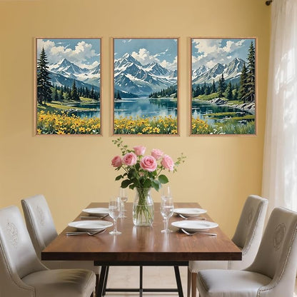 BICERE Large Nature Mountain Wildflower Framed Canvas Wall Art,Pine Tree Woodland Wall Decor,Forest Floral Lake Wall Painting,Watercolor Scenery Artwork for Living Room,Bedroom,Dining Room,Office -24"x36"x3