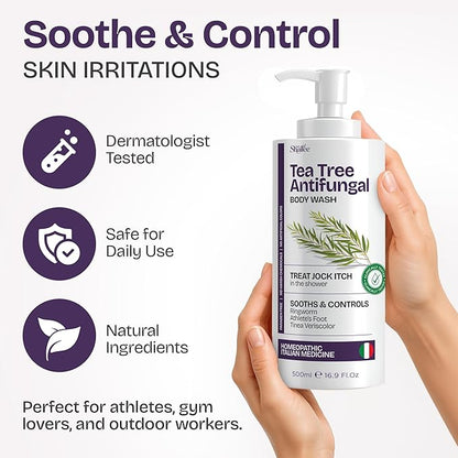 Antifungal Tea Tree Body Wash - Antibacterial Soap for Jock Itch, Eczema, Back Acne, Ringworm Treatment for Humans | Antibacterial Body Soap For Men & Women with 1% Tolnaftate & Tea Tree Oil - 16.9 oz