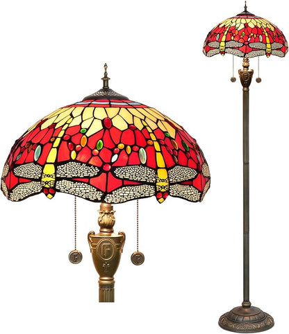 Tiffany Floor Lamp Dragonfly Red Stained Glass Floor Light Bright Lighting Rustic Standing Lamp Vintage Unique Bronze Reading Corner Lamp for Home Decor Living Room Bedroom 16X16X64 Inches