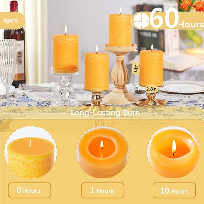 4 Pack Orange Lemongrass Sented Pillar Candles,60 H Long Burning,Natural Essential Oils,Non-Toxic,Refreshing Aromatherapy for Office Focus/Kitchen Deodorization/Living Room Ambience-2.8x4in