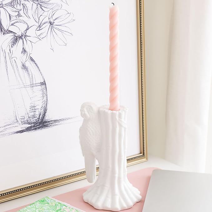 Lilly Pulitzer Taper Candle Holder, Cute Candlestick Holder Decor for Mantle or Centerpiece, Resort White (Parrot)