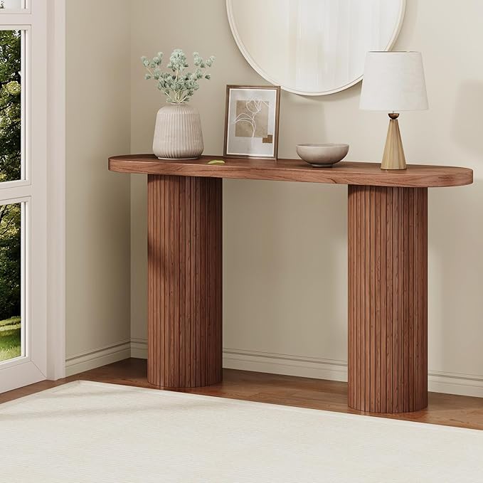55 Inch Console Table, Fluted Entryway Table, Mid-Century Modern Sofa Table Behind The Couch, Hallway Tables, Curved Sofa Stand for Hallway, Living Room, Foyer Walnut
