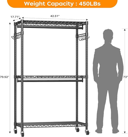 Homeiju Heavy Duty Rolling Garment Rack with Adjustable Wire Shelving, 3 Tiers Clothes Rack with Double Rods and Side Hooks, Freestanding Wardrobe Storage Rack Metal Clothing Rack, Black