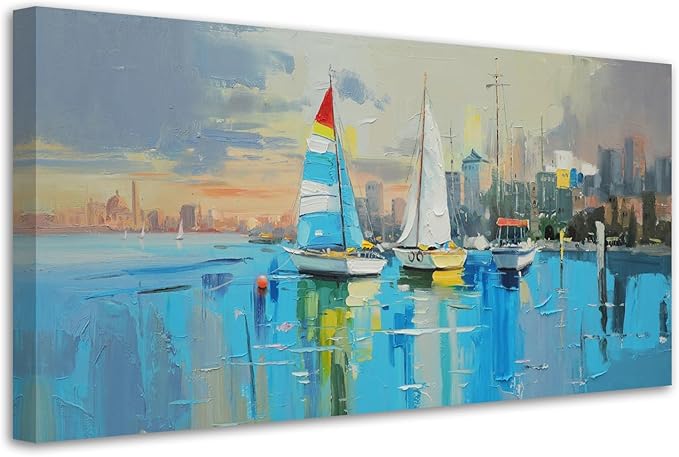 Anolyfi Abstract Canvas Wall Art Landscape Picture Coastal Cityscape Painting Blue Textured Artwork for Living Room Bedroom Bathroom Kitchen Office Home Decor 40"x20"