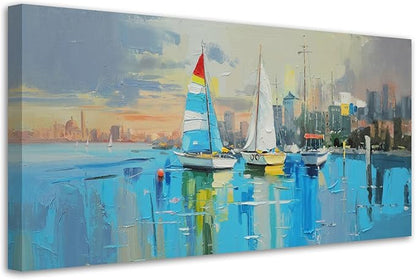 Anolyfi Abstract Canvas Wall Art Landscape Picture Coastal Cityscape Painting Blue Textured Artwork for Living Room Bedroom Bathroom Kitchen Office Home Decor 40"x20"