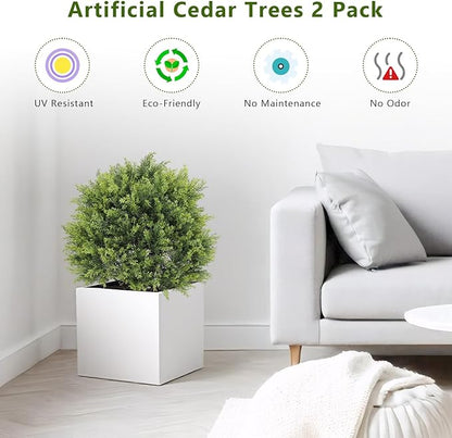 THE BLOOM TIMES 2ft Artificial Christmas Cedar Topiary Ball Trees Outdoor, 24" UV Resistant Faux Potted Plants Outside, Fake Greenery Bushes and Shrubs for Front Porch Planter Set of 2