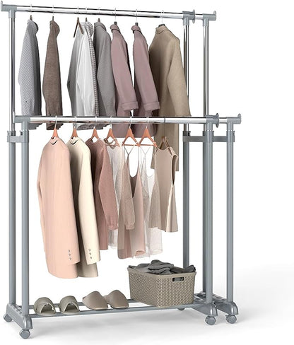 Tangkula Extendable Double Rods Garment Rack, Rolling Clothing Organizer with Adjustable Height & Width, Portable Closet Rack with Wheels, Heavy Duty Foldable Metal Clothes Rack for Bedroom & Laundry