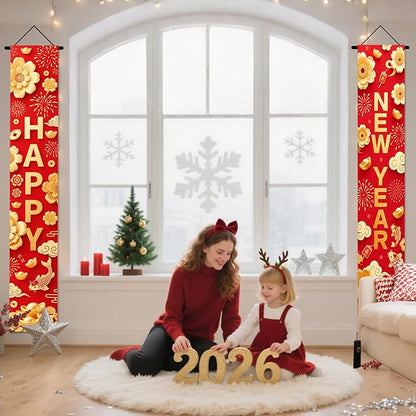 Nuxovilar Happy New Year Banner, 70.86" x 11.81" Red Gold Pattern Hanging Decorations for Outdoor Indoor Home Wall
