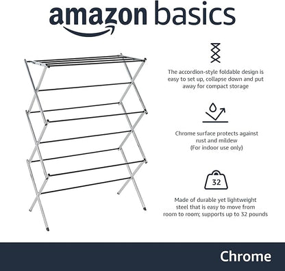 Amazon Basics Foldable Portable Laundry Drying Rack for Indoor Air Drying Clothing, 14.5 x 29.5 x 41.8 inches (LxWxH), Chrome Silver