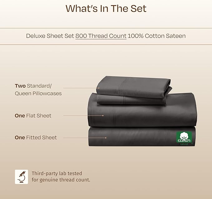 California Design Den Luxury 100% Cotton Sheets Queen Size - Buttery Soft 800 Thread Count Sateen- Beats Fake Egyptian Claim, Bedding Set with Durable Deep Pocket Fitted Sheet (Grey)