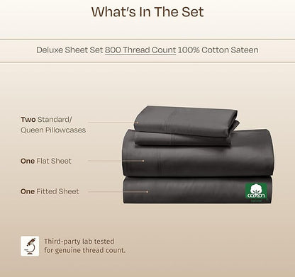 California Design Den Luxury 100% Cotton Sheets Queen Size - Buttery Soft 800 Thread Count Sateen- Beats Fake Egyptian Claim, Bedding Set with Durable Deep Pocket Fitted Sheet (Grey)