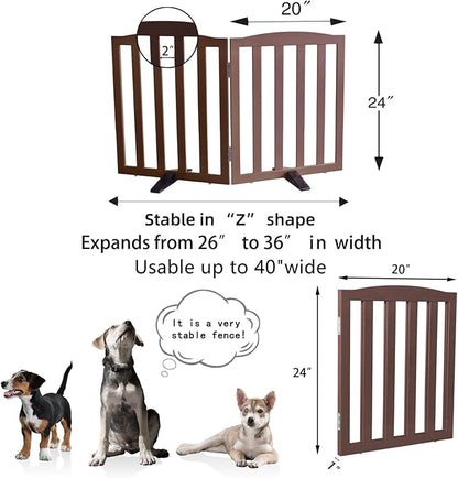 ZJSF Foldable Freestanding Indoor Dog Gate for House Wood Long Pet Gates Dog Fence for Stairs Puppy Gates for Hallways, Puppy Gate,Support Feet Included, Brown, 24 "Height-2 Panels