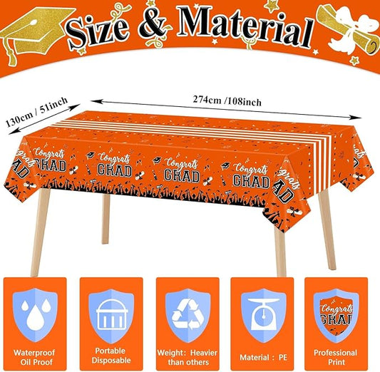 Chiazllta Graduation Party Decorations Tablecover for 2025 Class - Large Plastic Tablecloth 54"x108" (Orange)