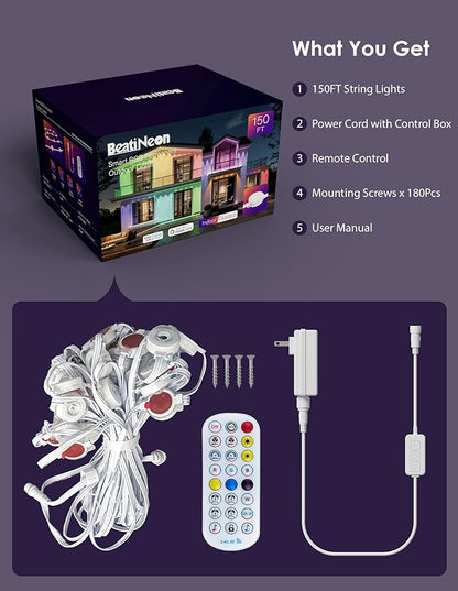 150ft Permanent Outdoor Lights, Smart RGB+IC Eave Lights, 90 Bright LEDs with 75 DIY Scene Modes & 16 Million Colors, Work with Alexa/App, IP68 Waterproof Light for House Christmas Year Round