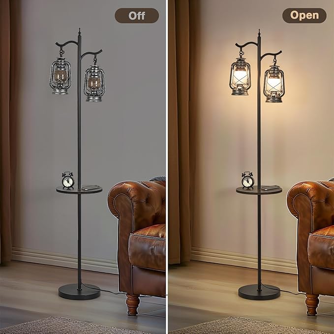 Farmhouse Floor lamp with Table, Double Head Vintage Floor Lantern, Standing lamp for Living Room，Bedroom, Rustic Floor Lamp with Silver Finish