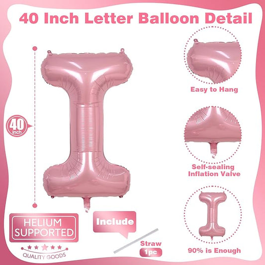 Pastel Pink I Letter Balloon, 40" Alphabet Foil Light Pink, Large Self Inflating for Girls Birthday Party Baby Shower Decoration