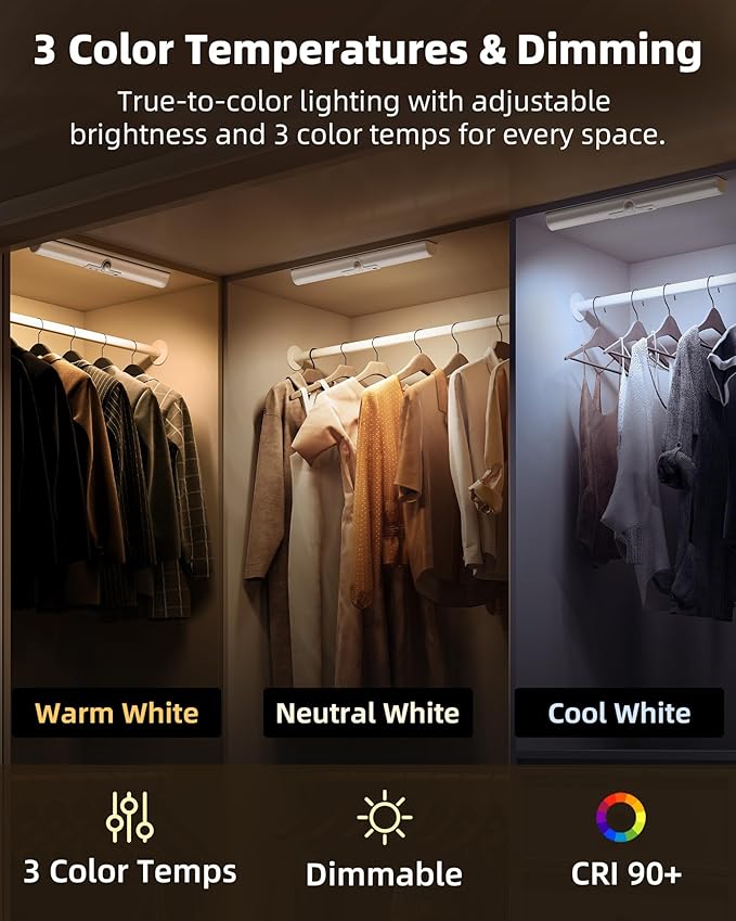 EZVALO 3 Pack Motion Sensor Closet Light with Eye-Protection Design, 1800mAh Rechargeable Under Cabinet Lighting, 3 Color Temps Night Light for Pantry, Closet