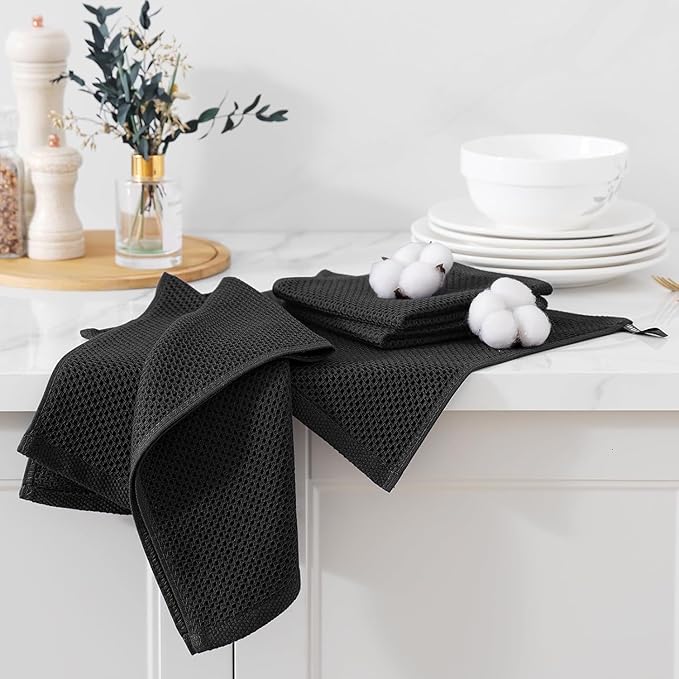 Kitinjoy 100% Cotton Kitchen Towels and Dishcloths Set, 8 Pack Waffle Weave Dish Towels Ultra Soft Absorbent Quick Drying Dish Rags, 13 x 28 Inch and 12 X 12 Inch, Black