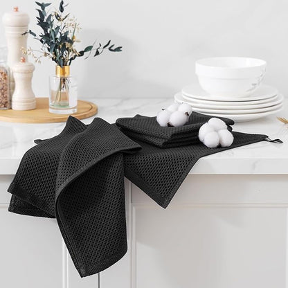 Kitinjoy 100% Cotton Kitchen Towels and Dishcloths Set, 8 Pack Waffle Weave Dish Towels Ultra Soft Absorbent Quick Drying Dish Rags, 13 x 28 Inch and 12 X 12 Inch, Black