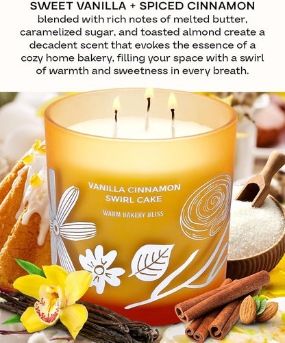 Vanilla Cinnamon Swirl Cake 3-Wick Soy Scented Candle for Home, 14.5 oz Large | Bakery Scented Candle | Long Lasting Aromatherapy Candles | Gift for Women & Men Housewarming