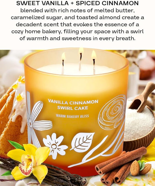 Vanilla Cinnamon Swirl Cake 3-Wick Soy Scented Candle for Home, 14.5 oz Large | Bakery Scented Candle | Long Lasting Aromatherapy Candles | Gift for Women & Men Housewarming