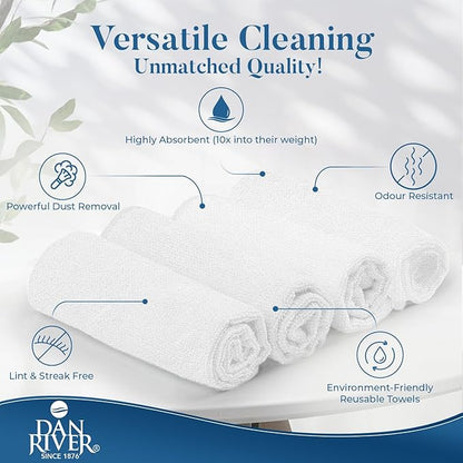 DAN RIVER 12-Pack White Microfiber Towels – Ultra Absorbent, Lint-Free & Streak-Free dust Cloths for Home, Car & Kitchen - Must-Have Cleaning Essentials - 12" x 12"